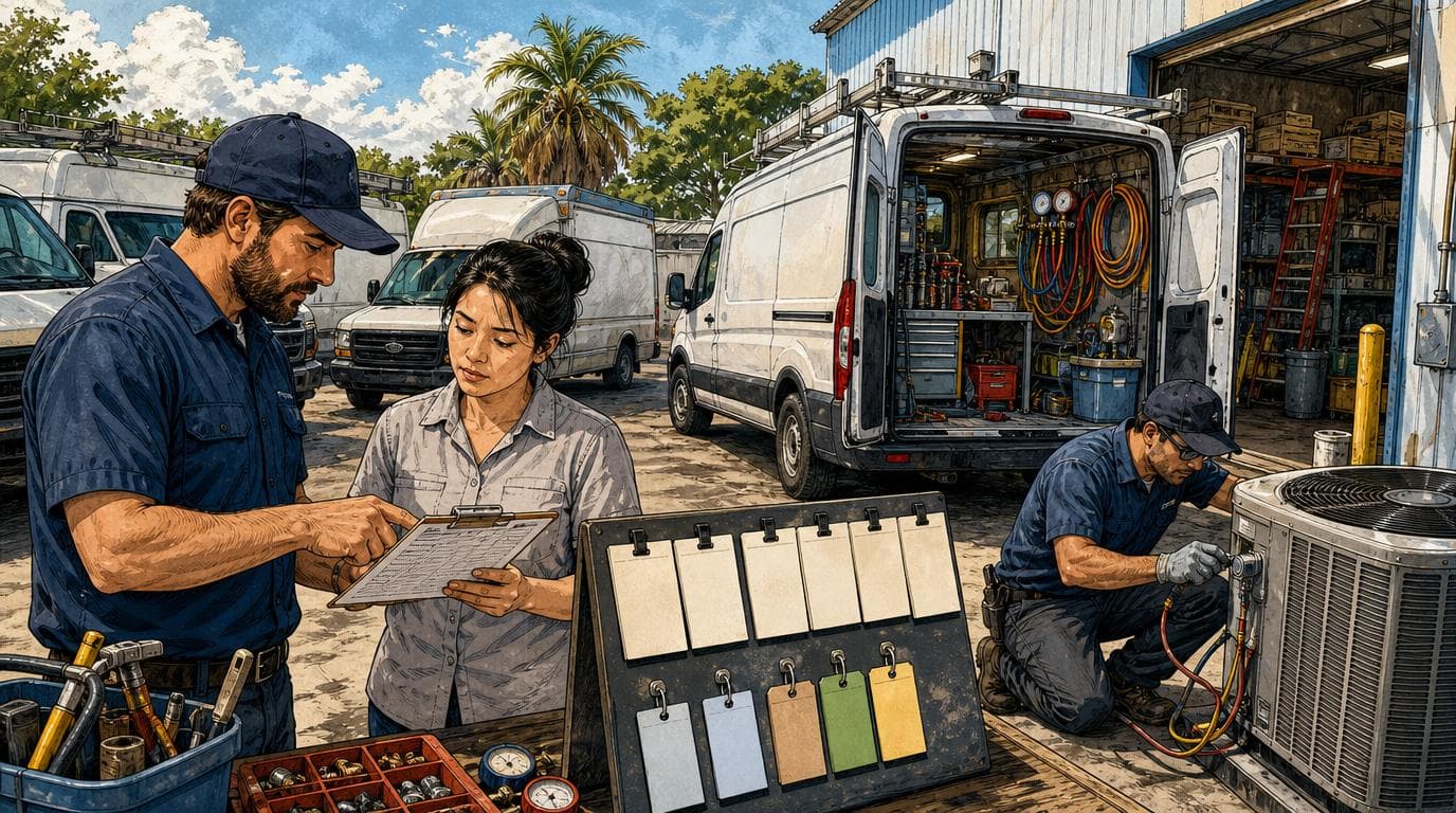HVAC workers inspect a job sheet and outdoor compressor beside service trucks and a workshop.