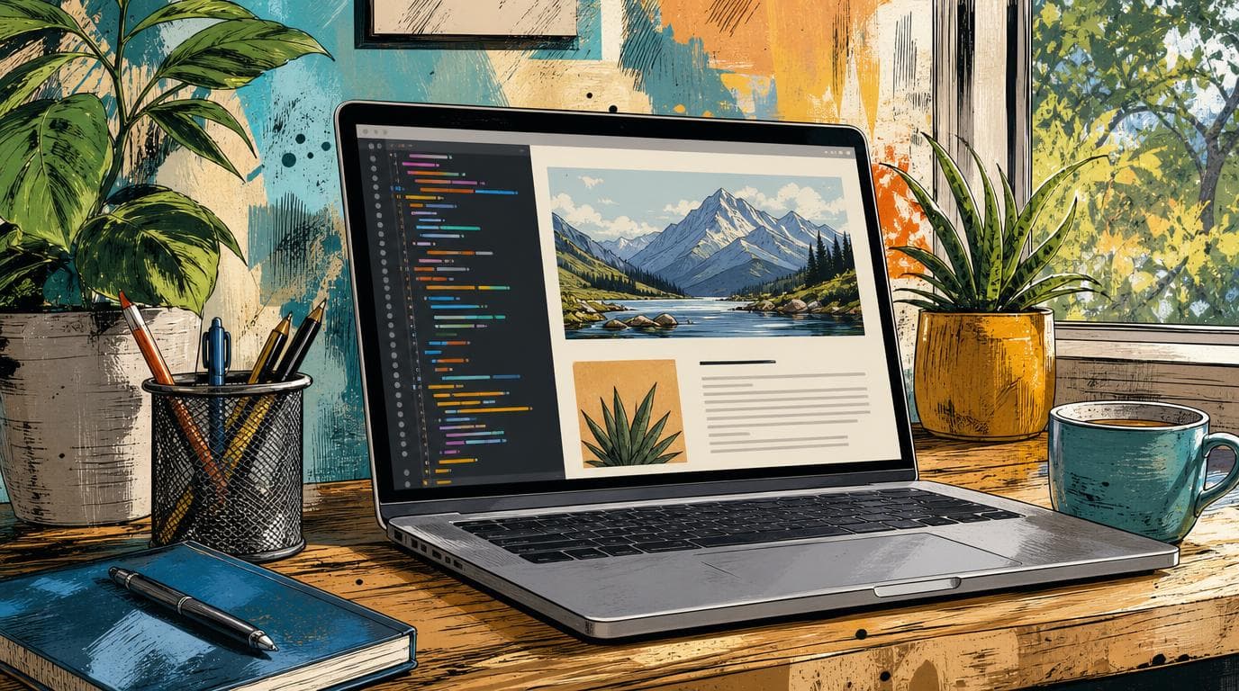 An open laptop displays a web developer’s site preview beside a paragraph.
