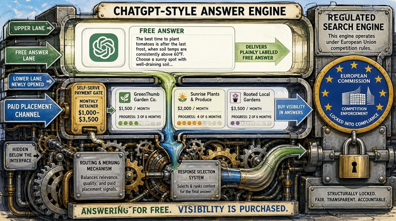 A cutaway answer engine shows free answers above paid small business listings routed through a regulated search system.