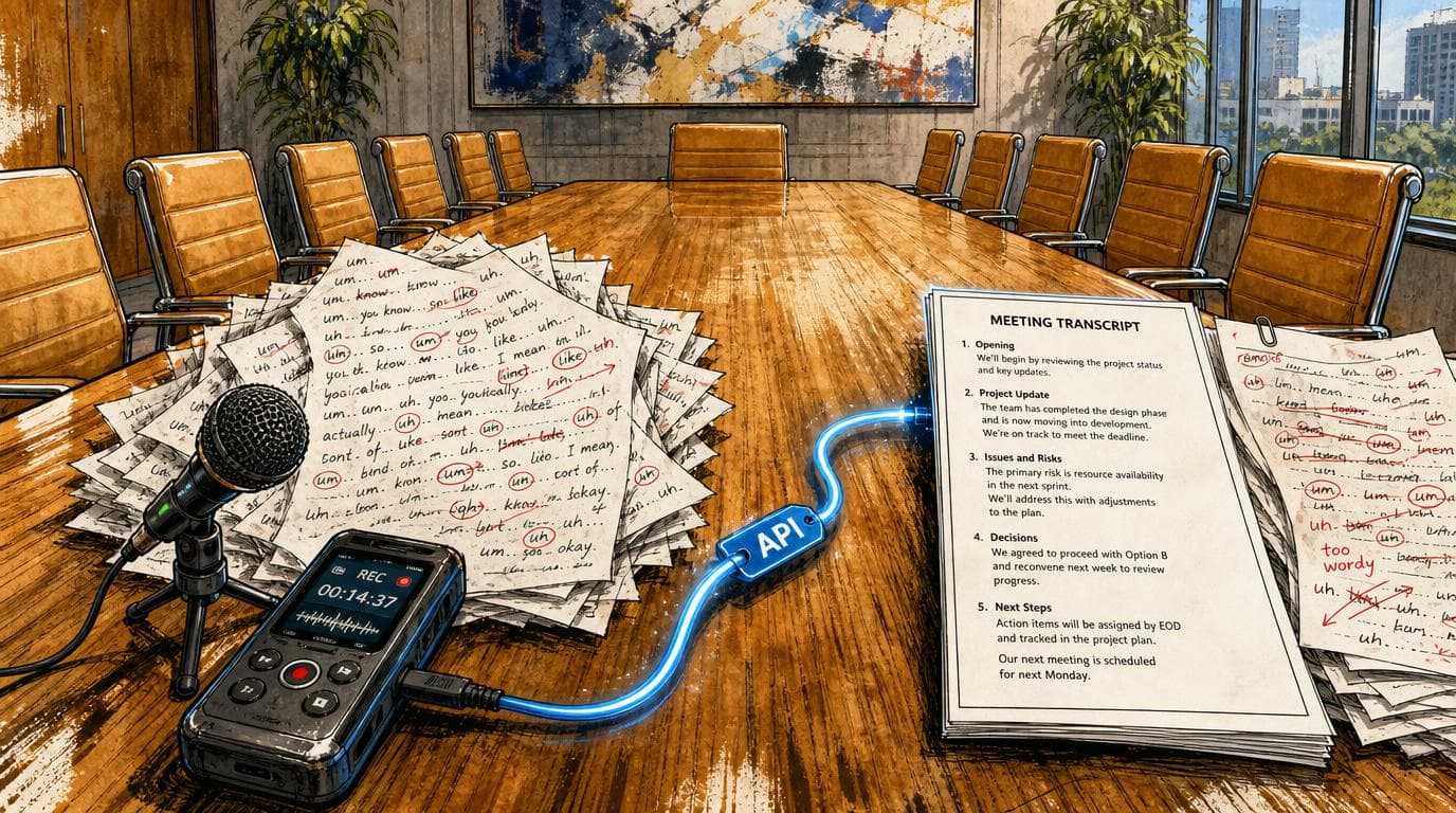 A meeting recorder sends speech through messy pages to a clean transcript with “um” and “uh” removed.