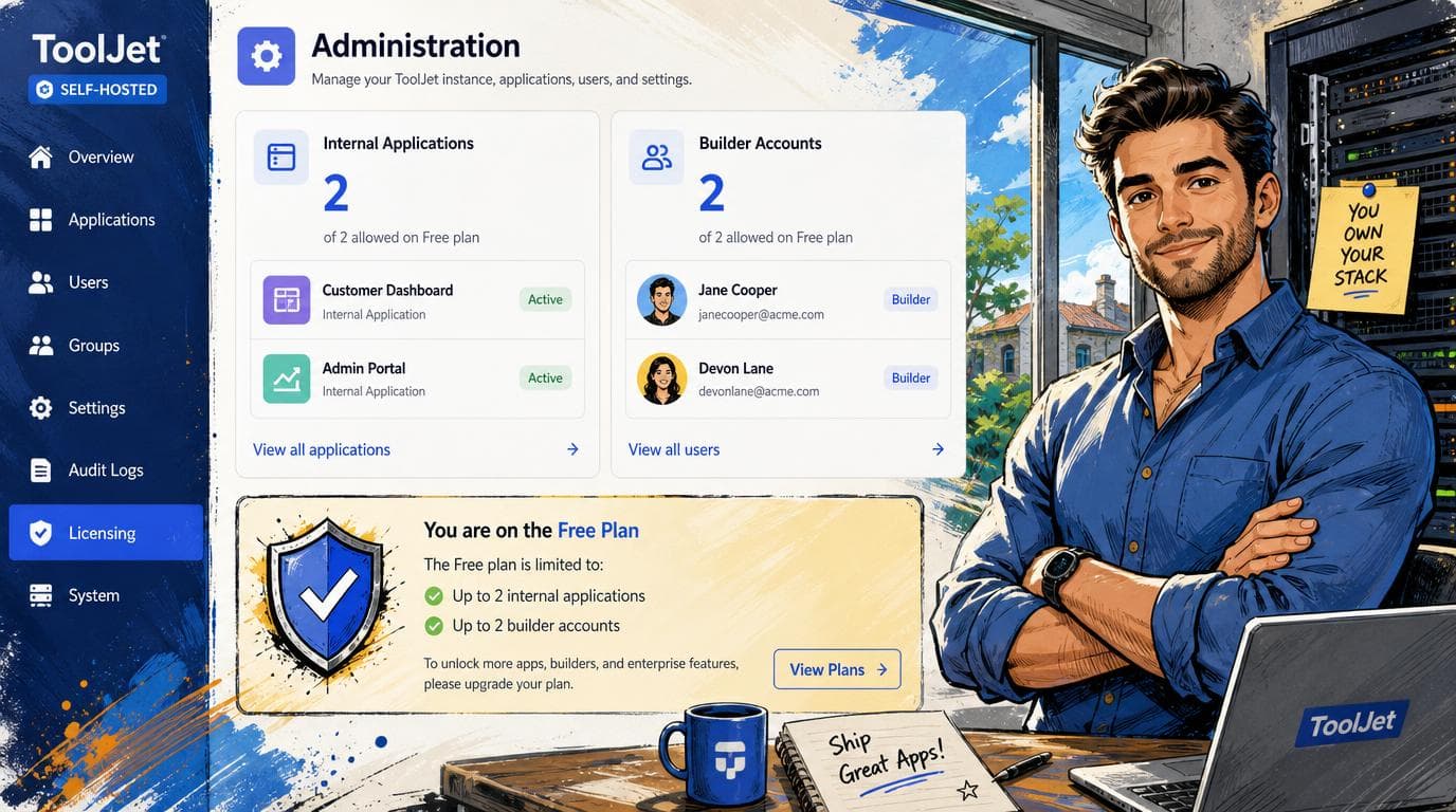 ToolJet administration screen shows two internal applications, two builder accounts, and a notice limiting the free plan to two each.