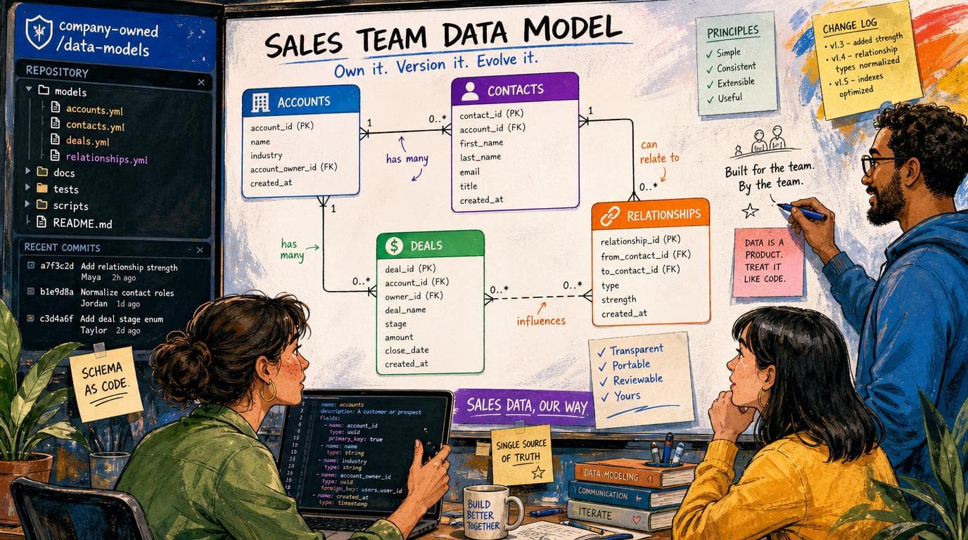 Editable sales data schema for accounts, contacts, deals, and relationships stored in a company code repository.
