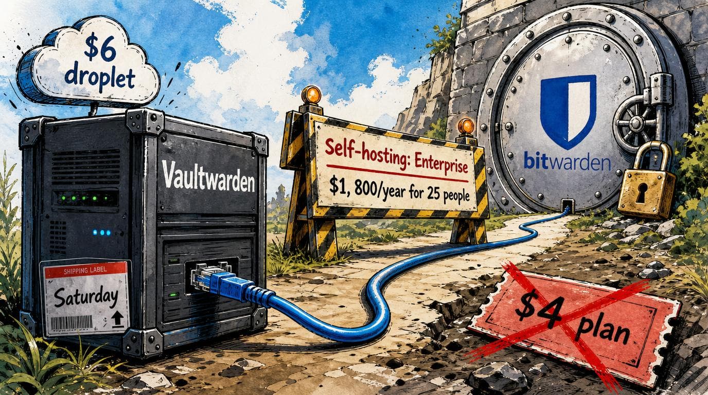 A Vaultwarden server connects to a Bitwarden vault; a $6 droplet arrives Saturday, while a $4 plan is blocked.