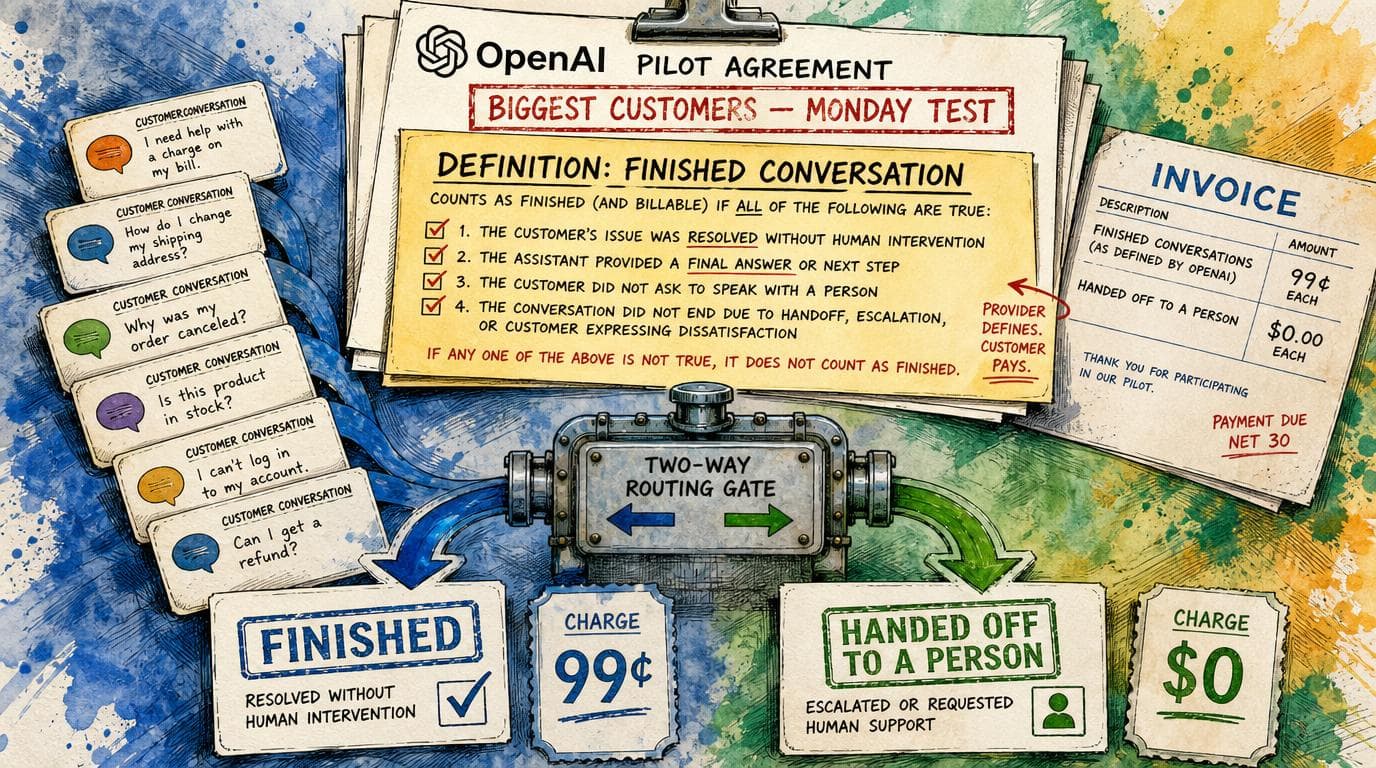 A provider-defined rule routes support chats to either “FINISHED” at 99¢ or a person at $0.
