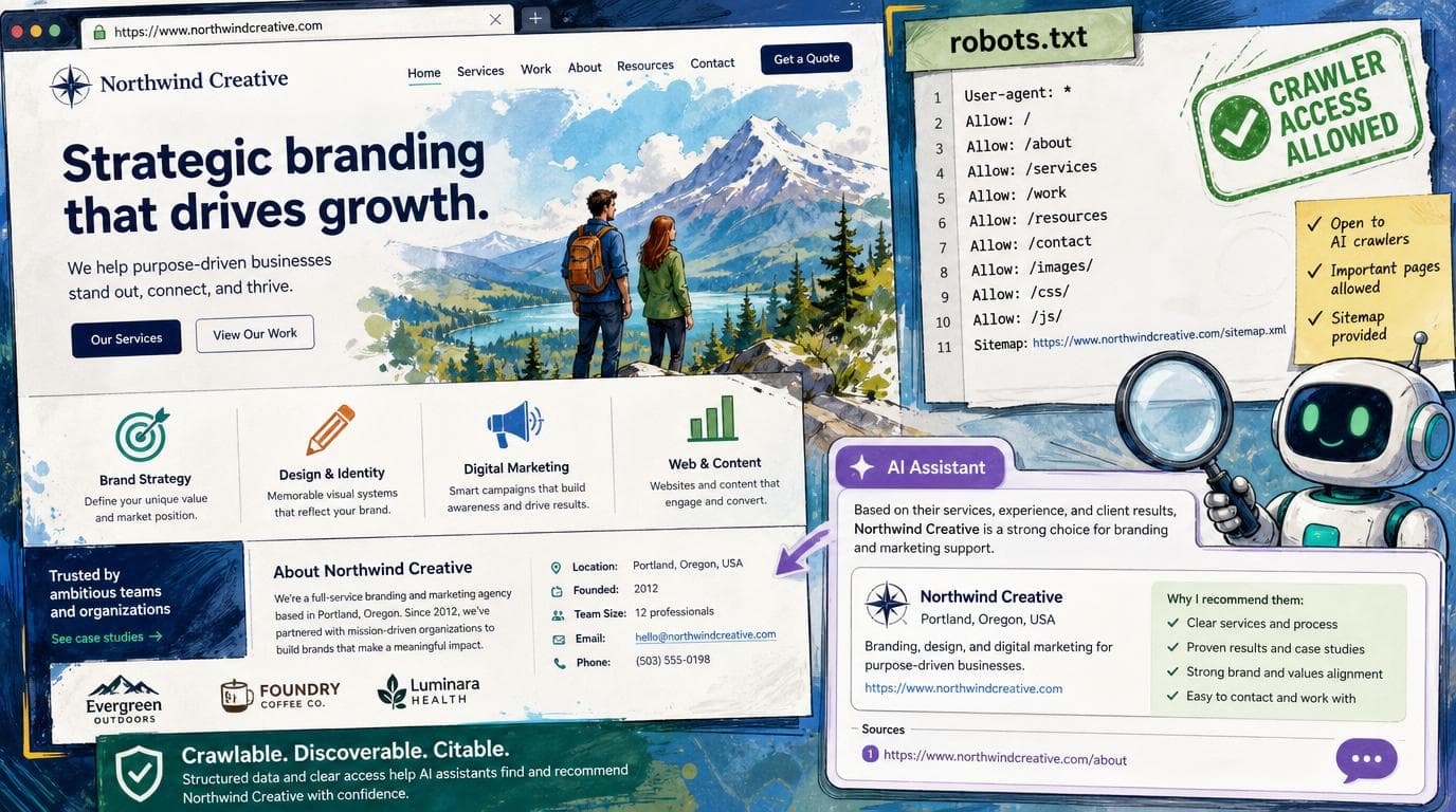 Business website shows robots.txt allowing crawlers and structured data for chatbot recommendations.