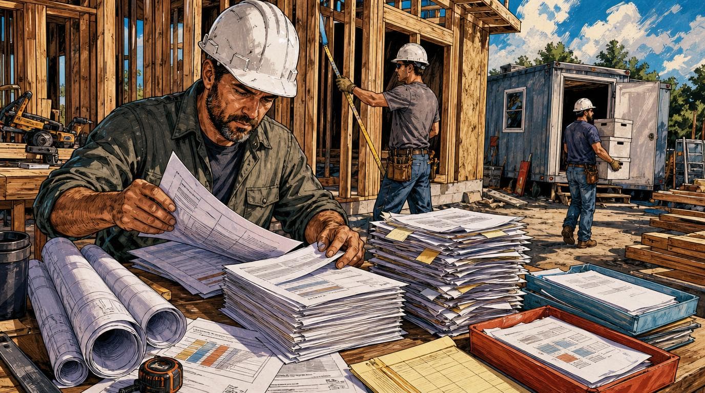 At a construction site, workers sort paperwork into old and new system piles while moving archive boxes.