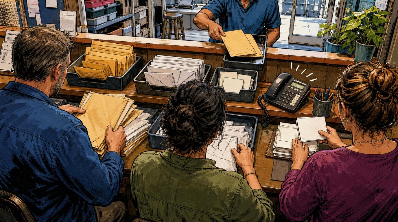 Staff sort overdue invoices, follow-up mail, and review cards beside a ringing phone, leaving a sensitive file with a person.