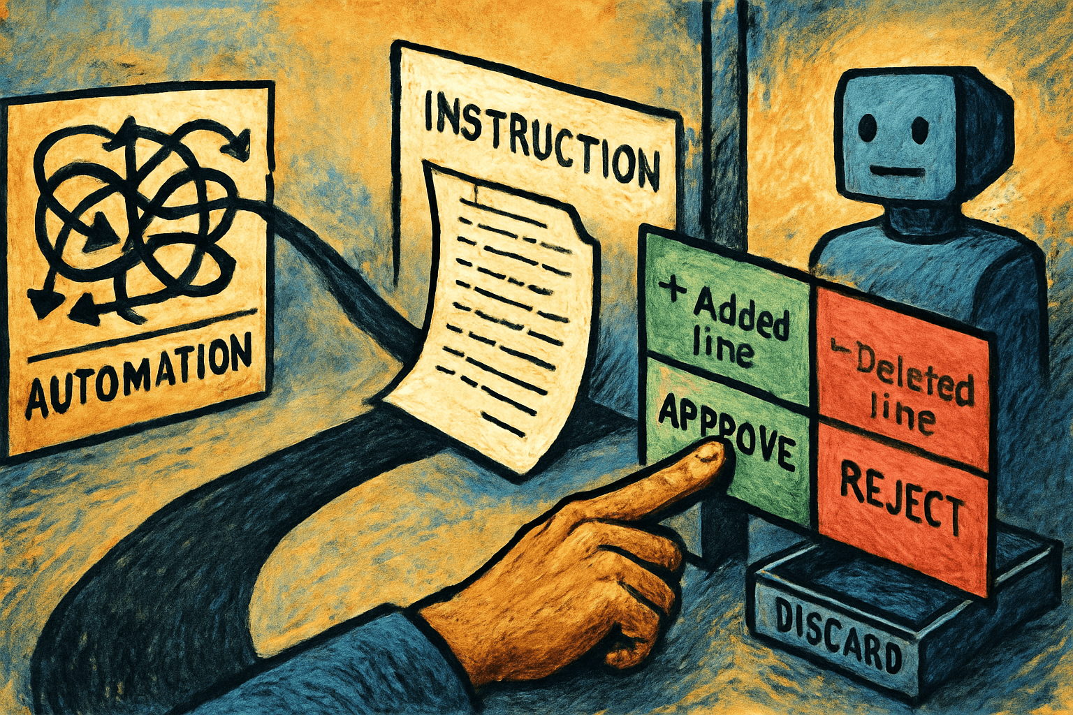 An instruction file moves from tangled automation through a diff approval gate toward an AI agent, with rejected changes discarded.