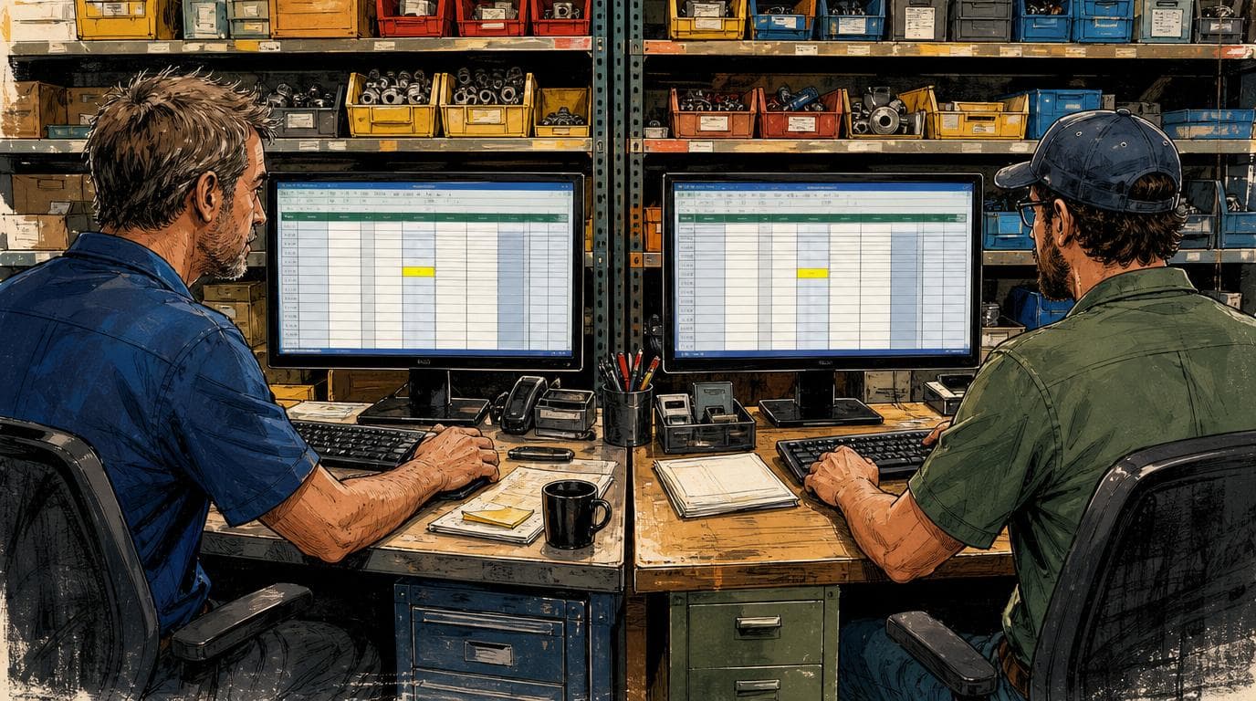Two monitors on adjacent desks show the same spreadsheet with different numbers in one cell, with a parts shelf behind.