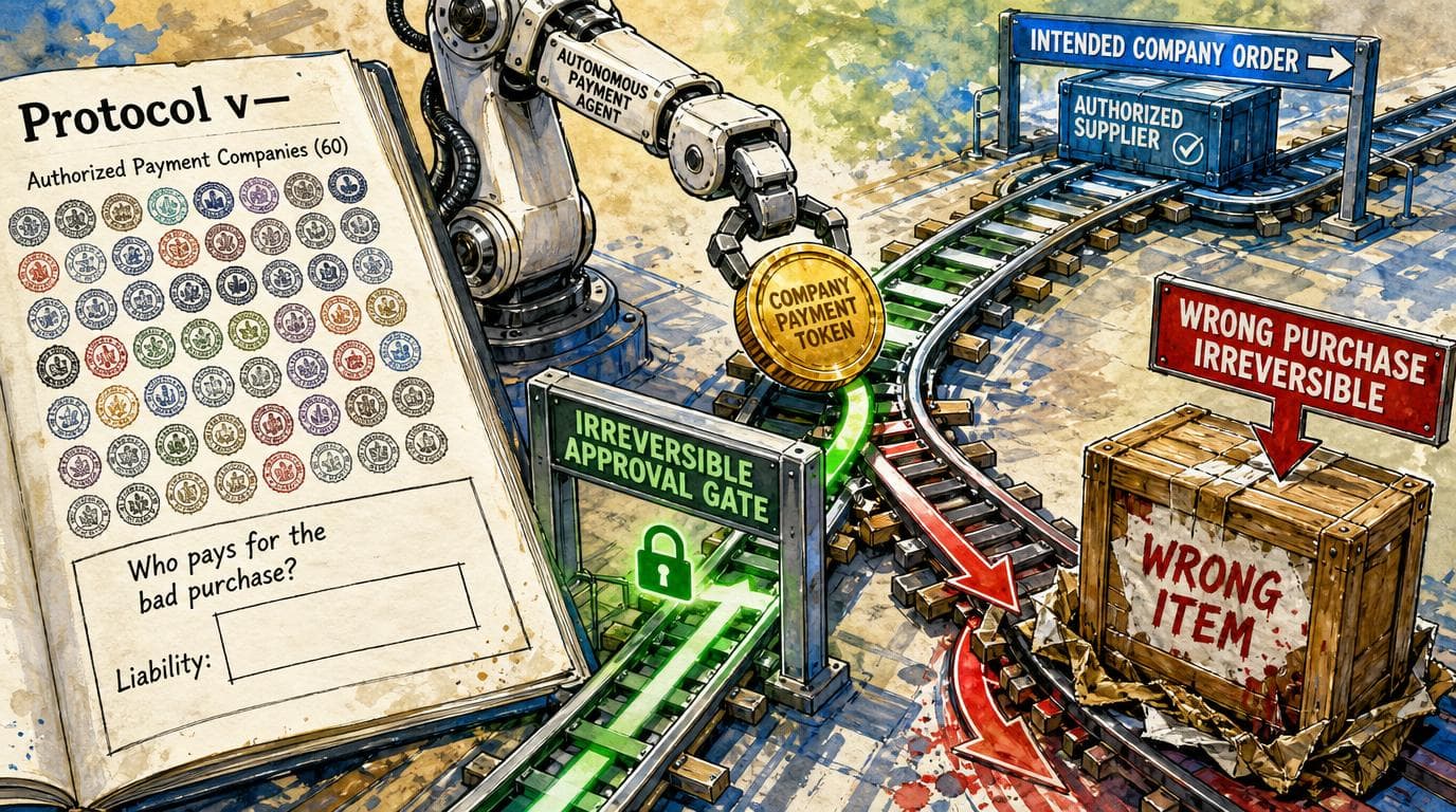 A robotic payment arm sends a token to a crate labeled “wrong item” while the protocol’s liability field is blank.