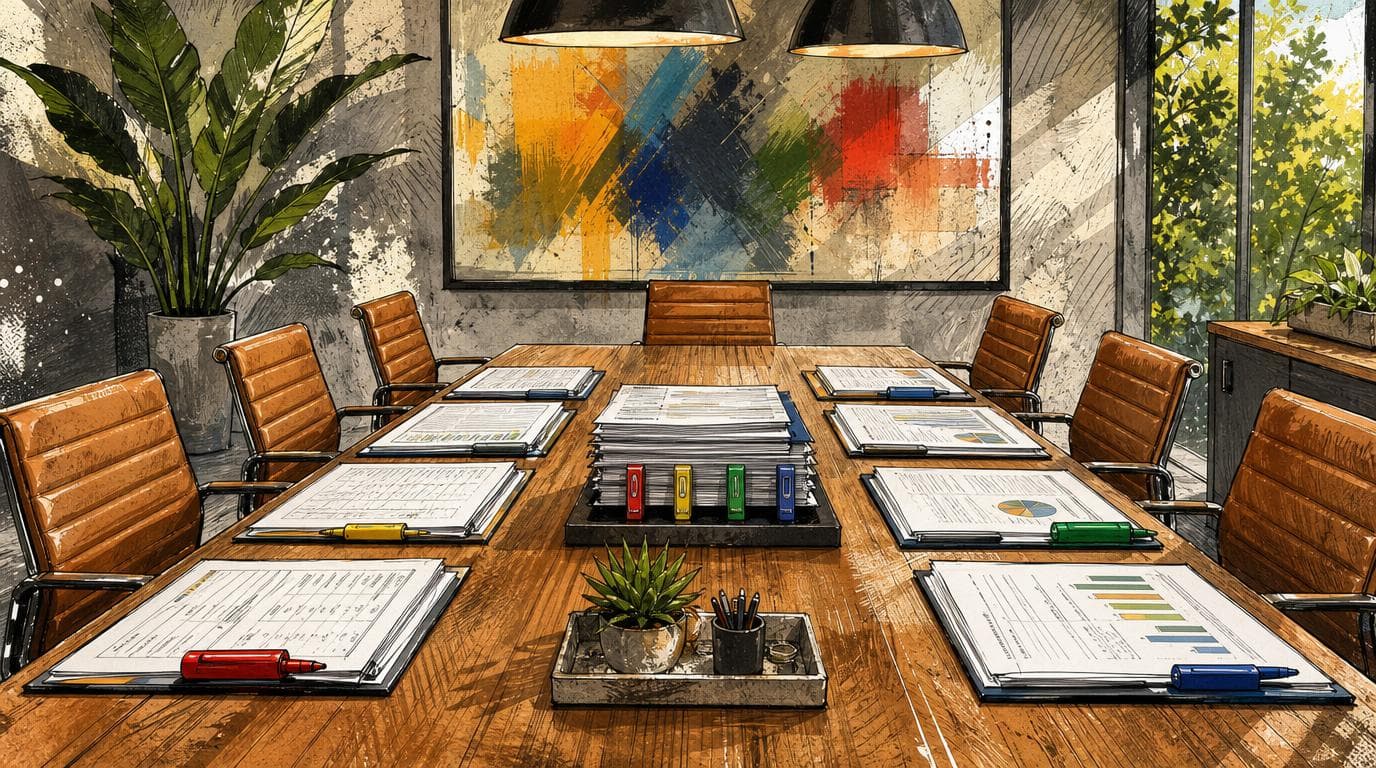 A Monday sales meeting room has shared deal packets, CRM printouts, four closing markers, and empty chairs around one table.