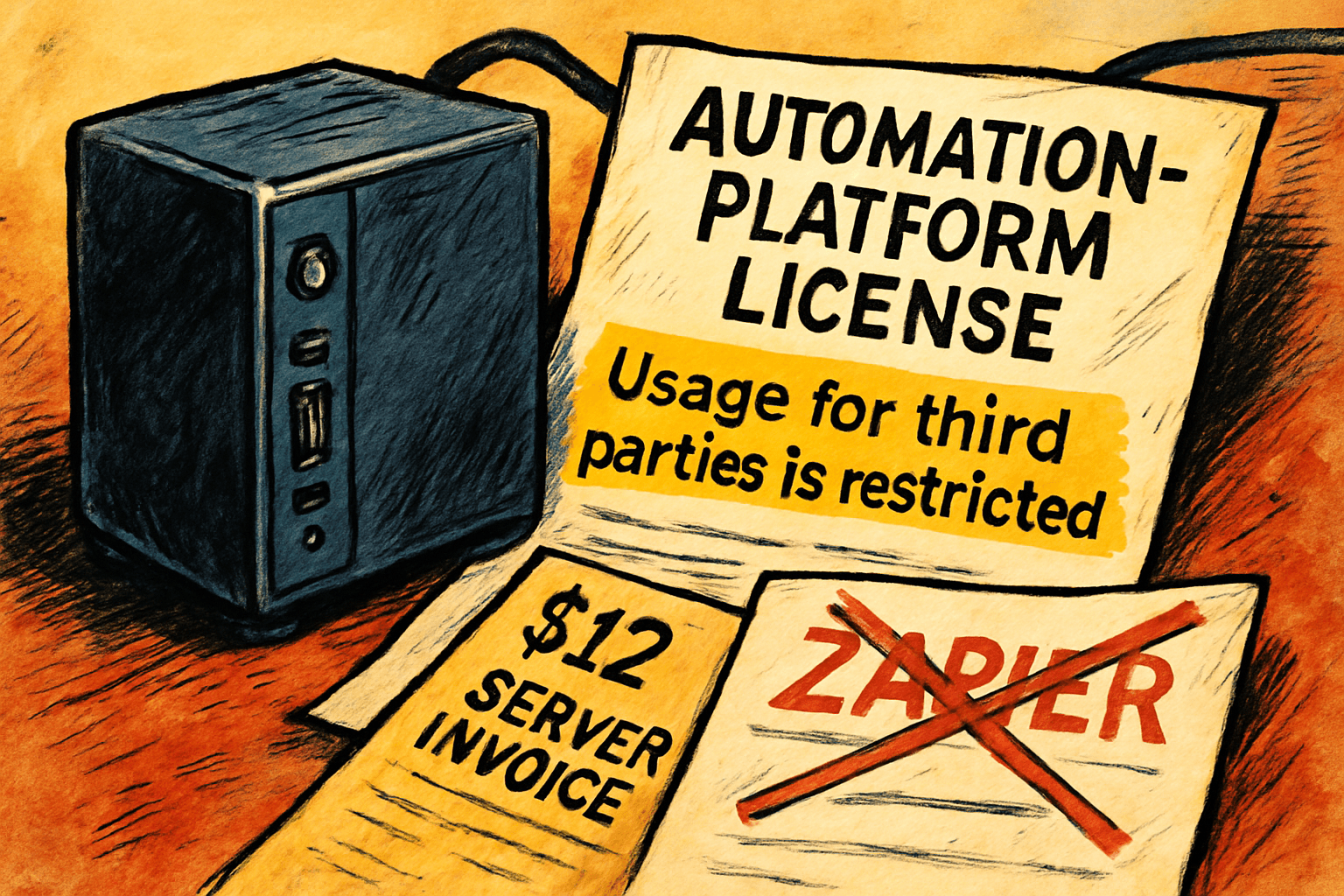 A self hosted server sits beside a license restricting third party use, a $12 invoice, and a crossed out Zapier bill.