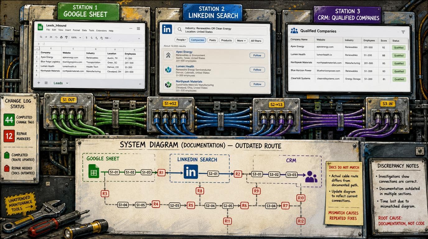 A data pipeline links Google Sheets, LinkedIn, and a CRM while outdated documentation causes repeated repairs.