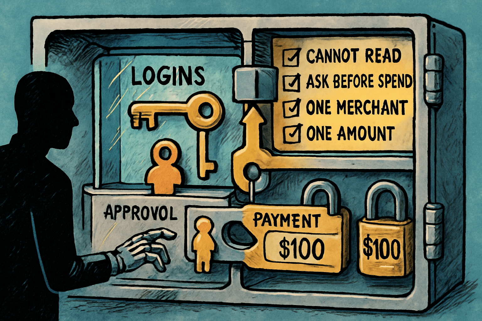 A vault blocks an agent from logins and requires human approval before a payment to one merchant for a fixed amount.