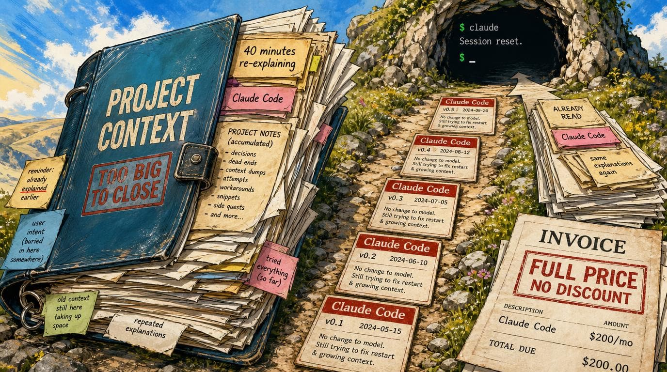 A bloated project file feeds an empty terminal beside duplicate notes, invoices, and five Claude Code release cards.