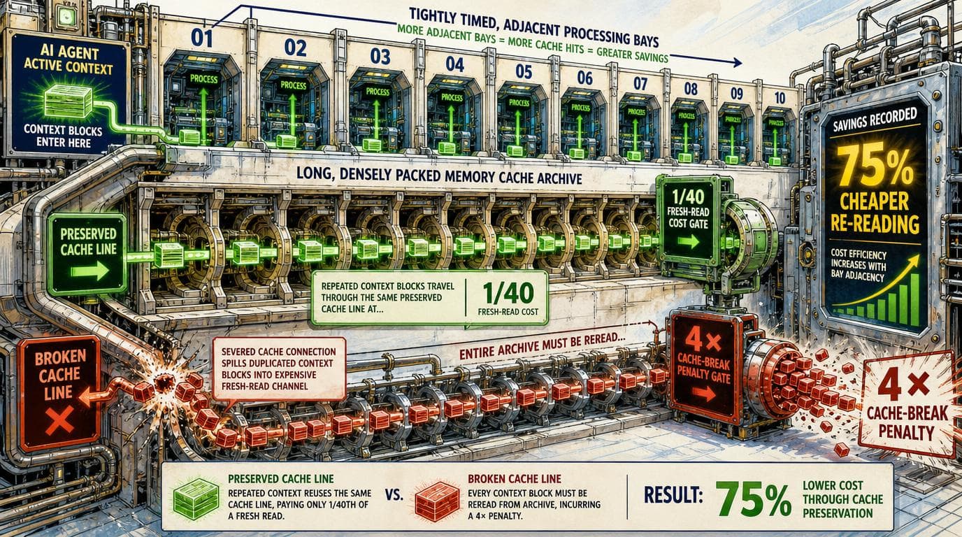 A data center routes repeated AI context through cache, reducing rereads by 75%, while a break triggers costly full rereads.