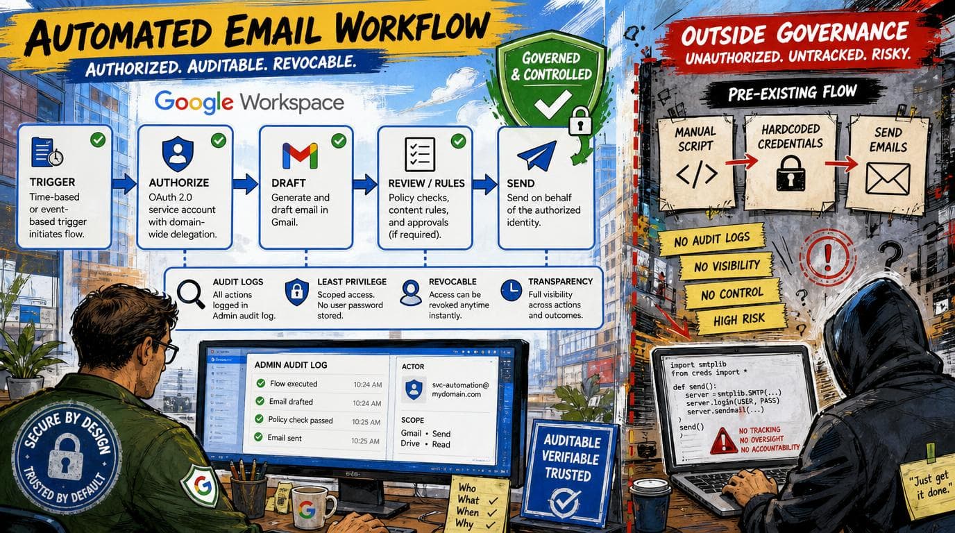 Google Workspace workflow drafts and sends email under an auditable, revocable identity; an existing flow remains outside governance.