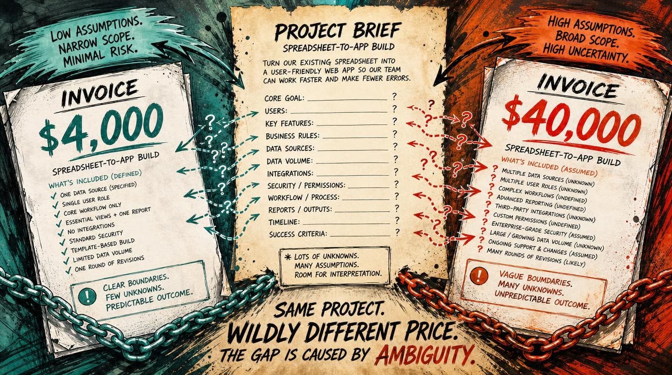 An ambiguous spreadsheet to app brief branches into $4,000 and $40,000 quotes as missing requirements widen the gap.