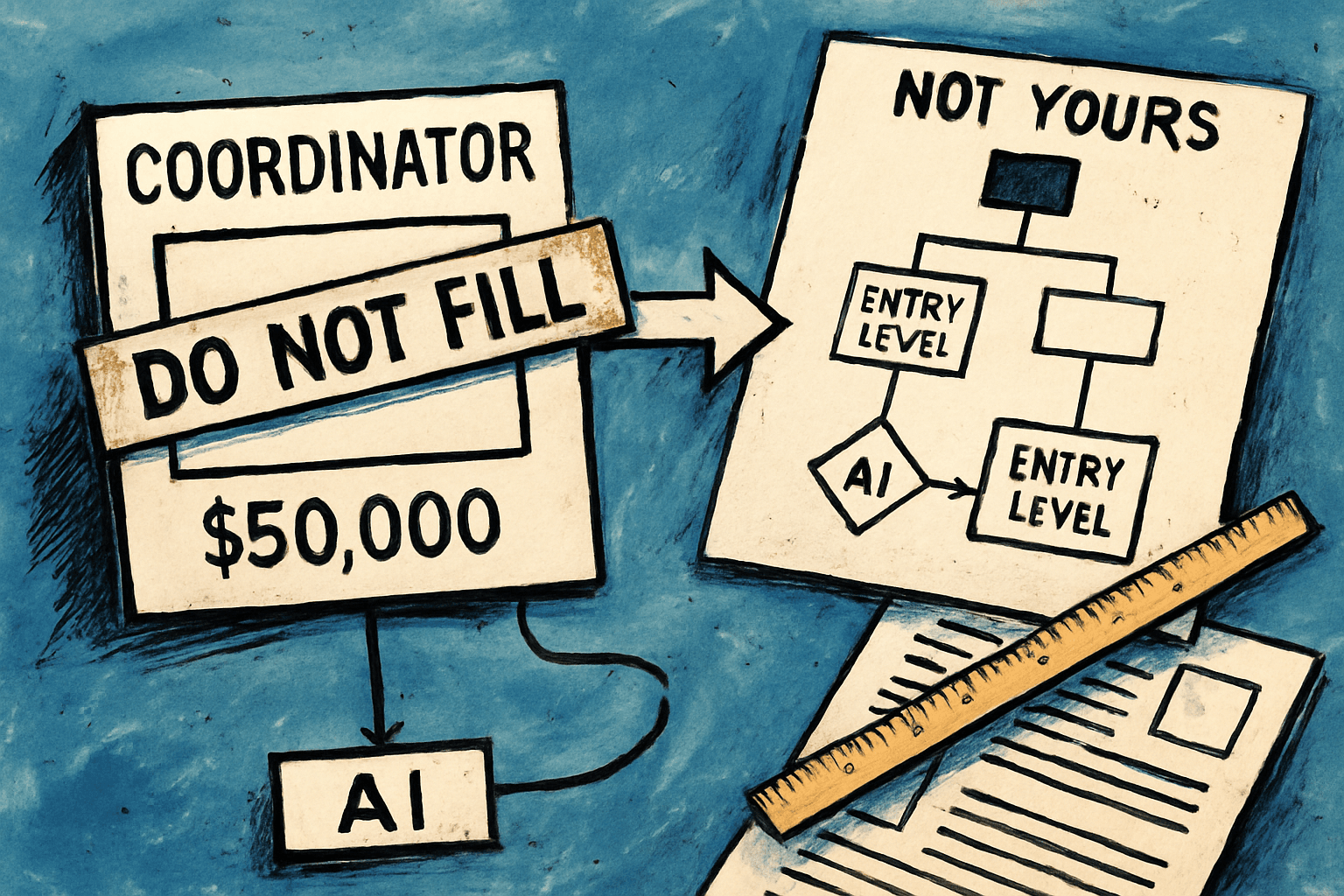 A vacant $50,000 Coordinator role marked Do Not Fill routes tasks to AI, while evidence measures another company’s chart.