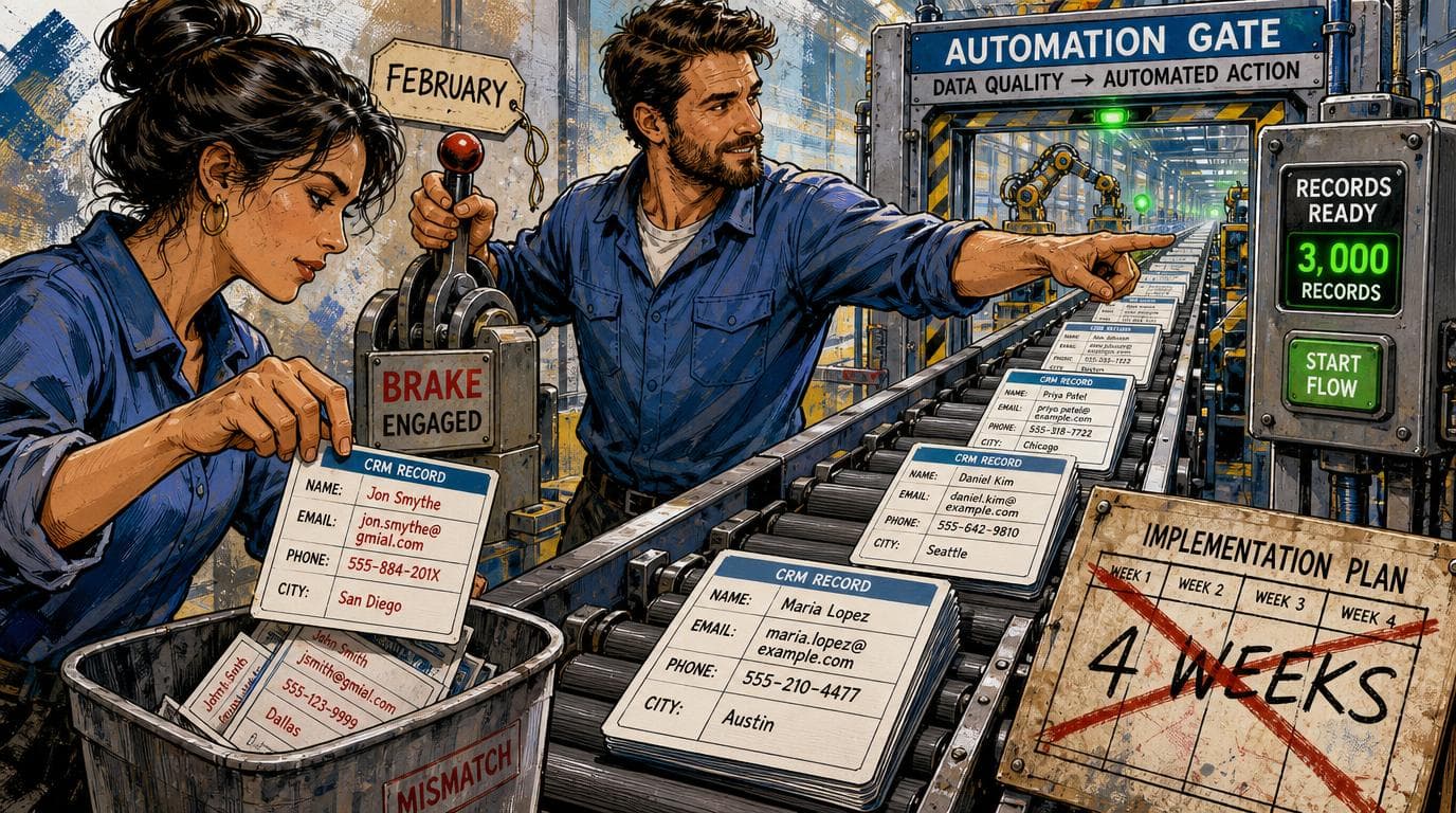Two workers clean CRM cards as one releases the February brake, moving 3,000 records past automation.