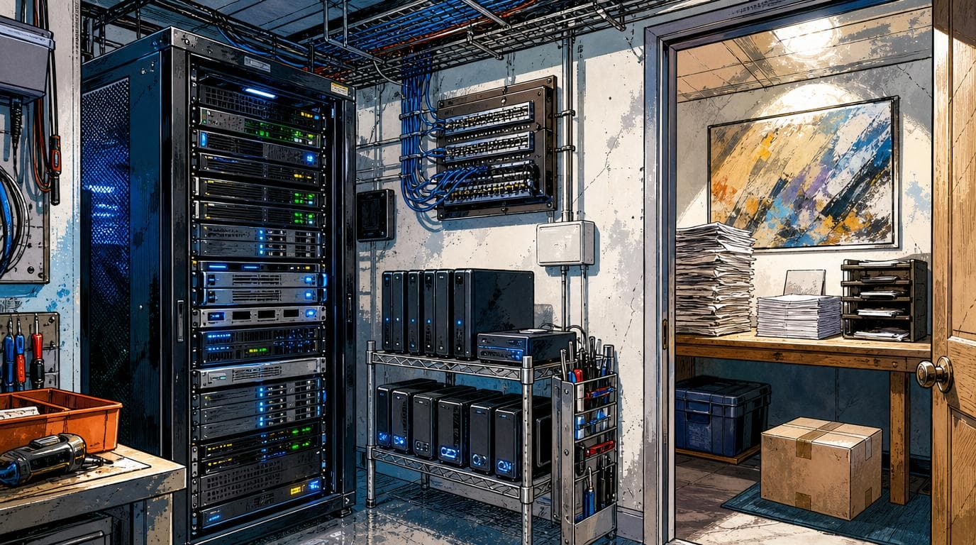 A quiet server room shows running machines, backup drives, patch panels, completed work orders, and outgoing parcels.