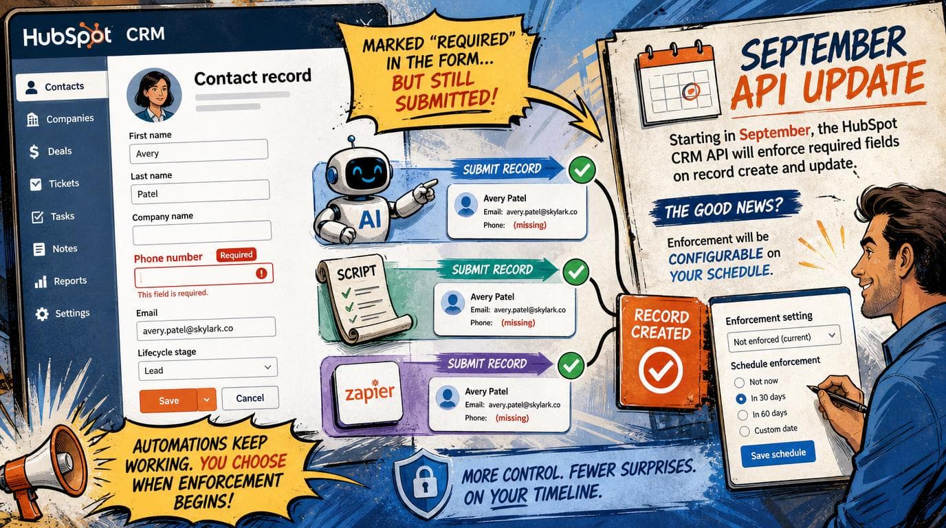 HubSpot CRM shows a required field bypassed by AI, scripts, and Zaps, with September API enforcement becoming configurable.