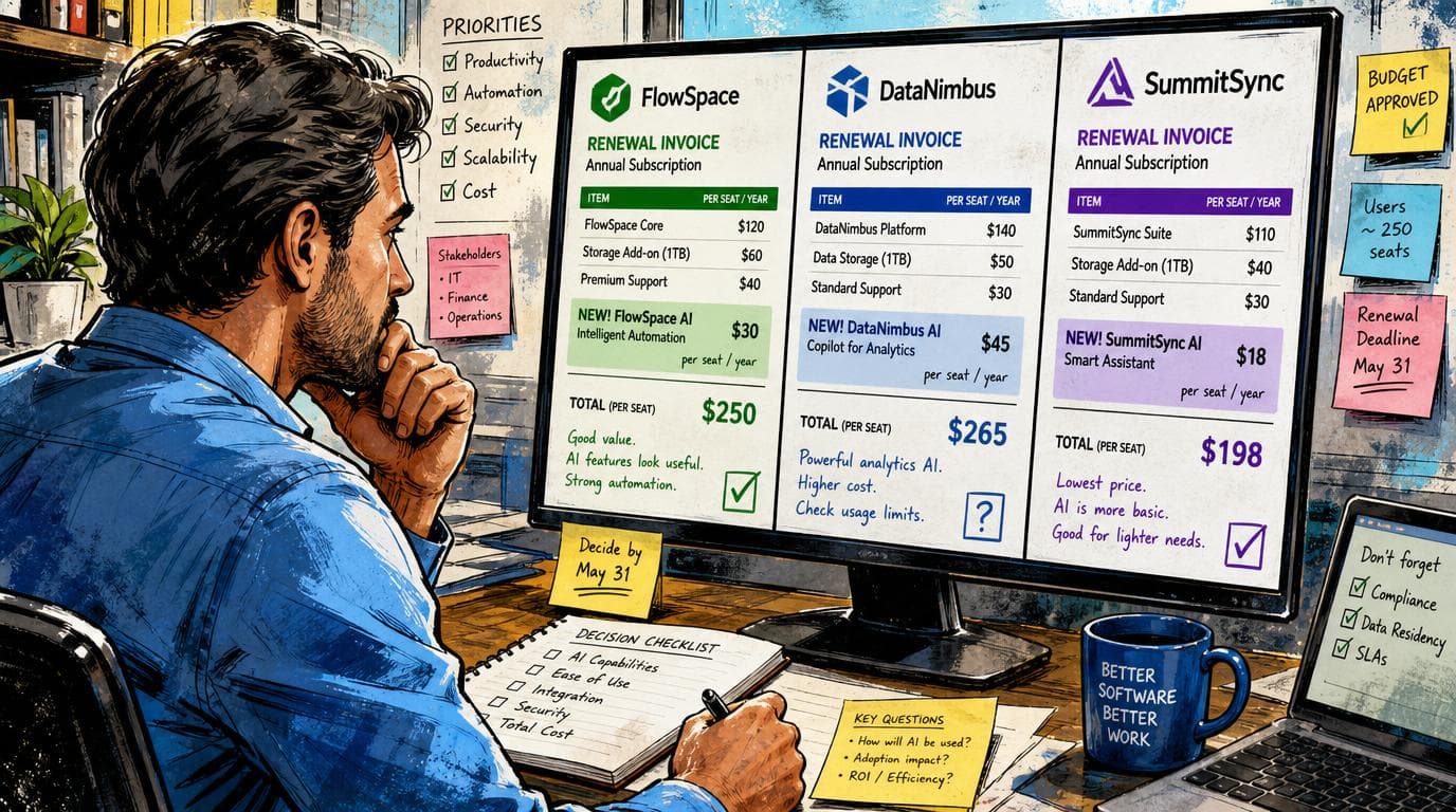A business user compares three software renewal invoices with AI subscription fees at different per seat prices.