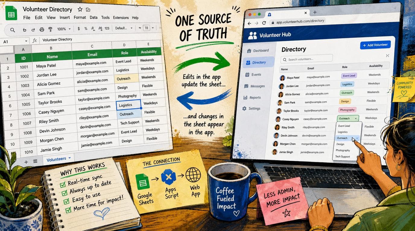 A spreadsheet connects to a web app that displays its data and writes edited entries back to the sheet.